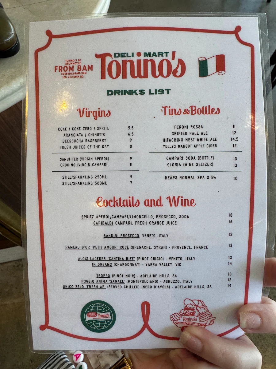Menu, Tonino's International