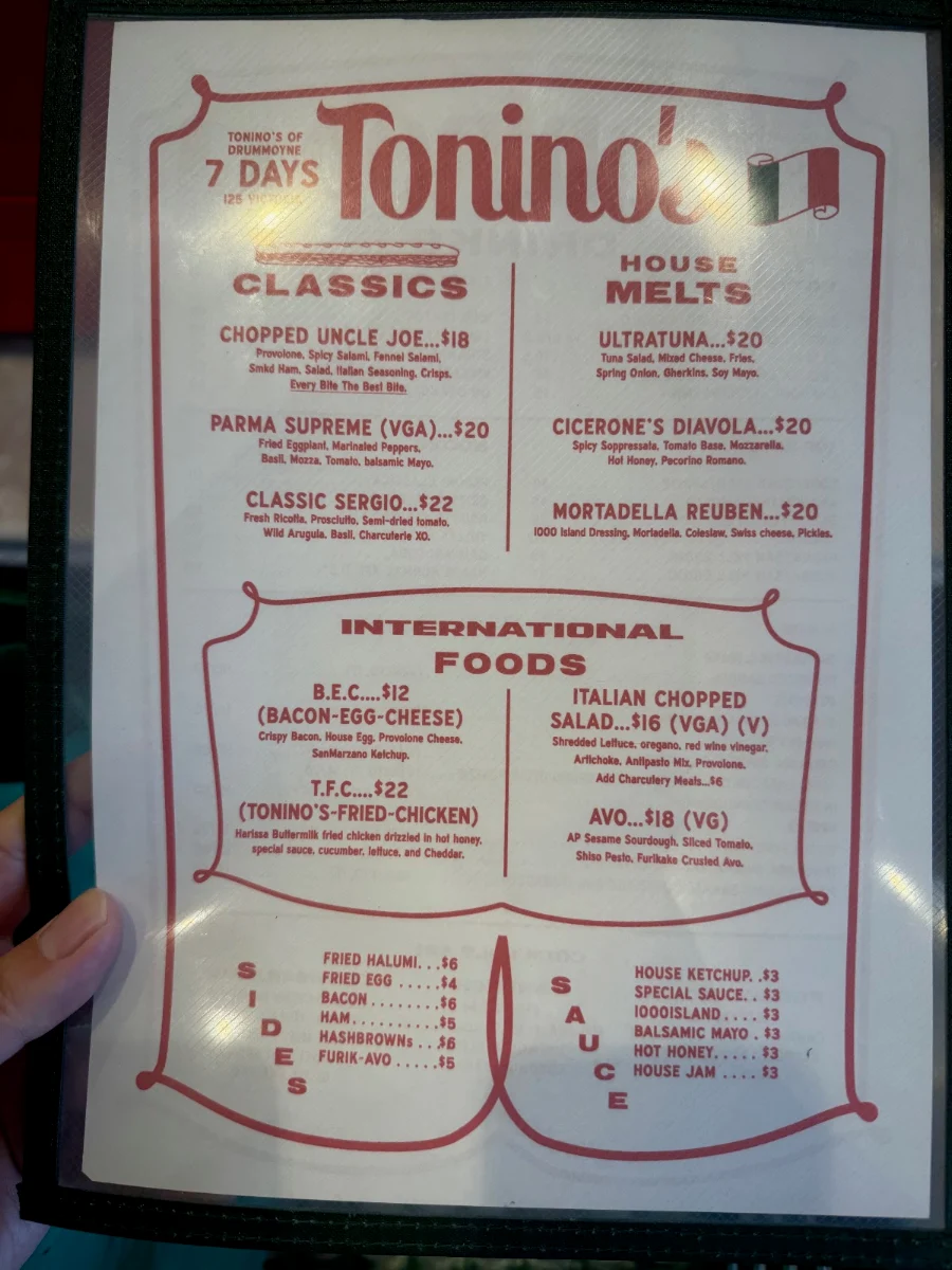 Menu, Tonino's International