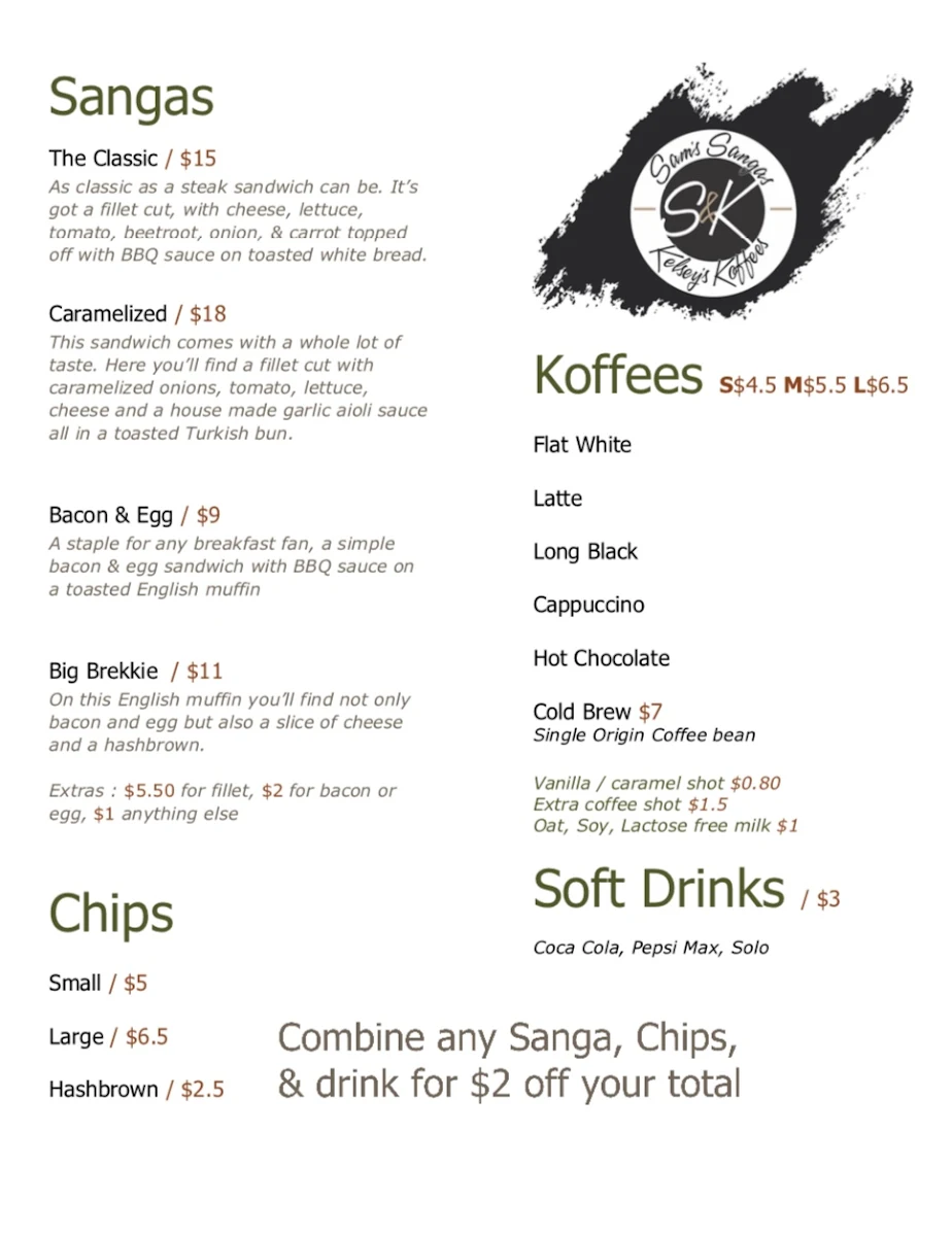 Menu, Sam’s Sangas & Kelsey’s Koffees