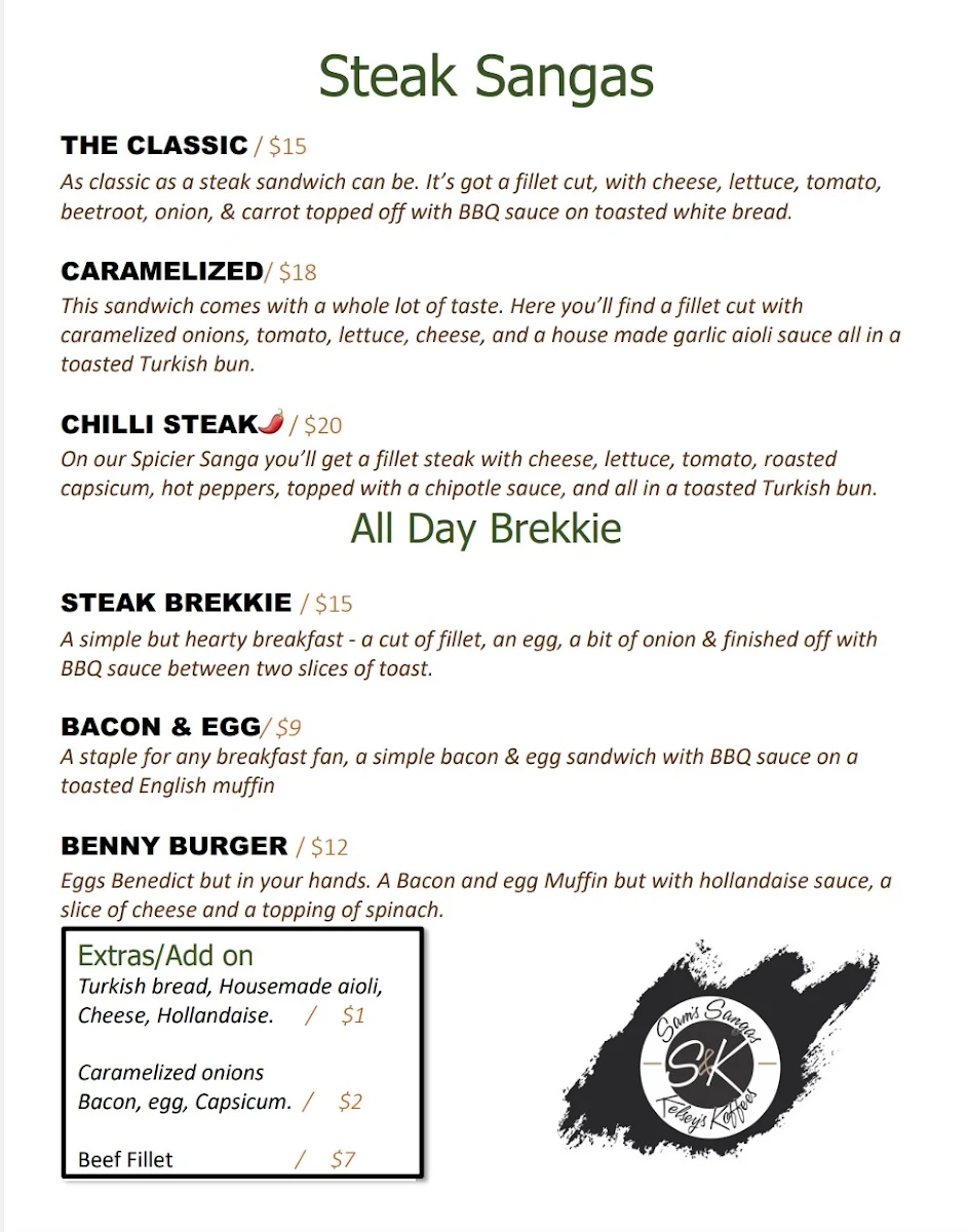 Menu, Sam’s Sangas & Kelsey’s Koffees