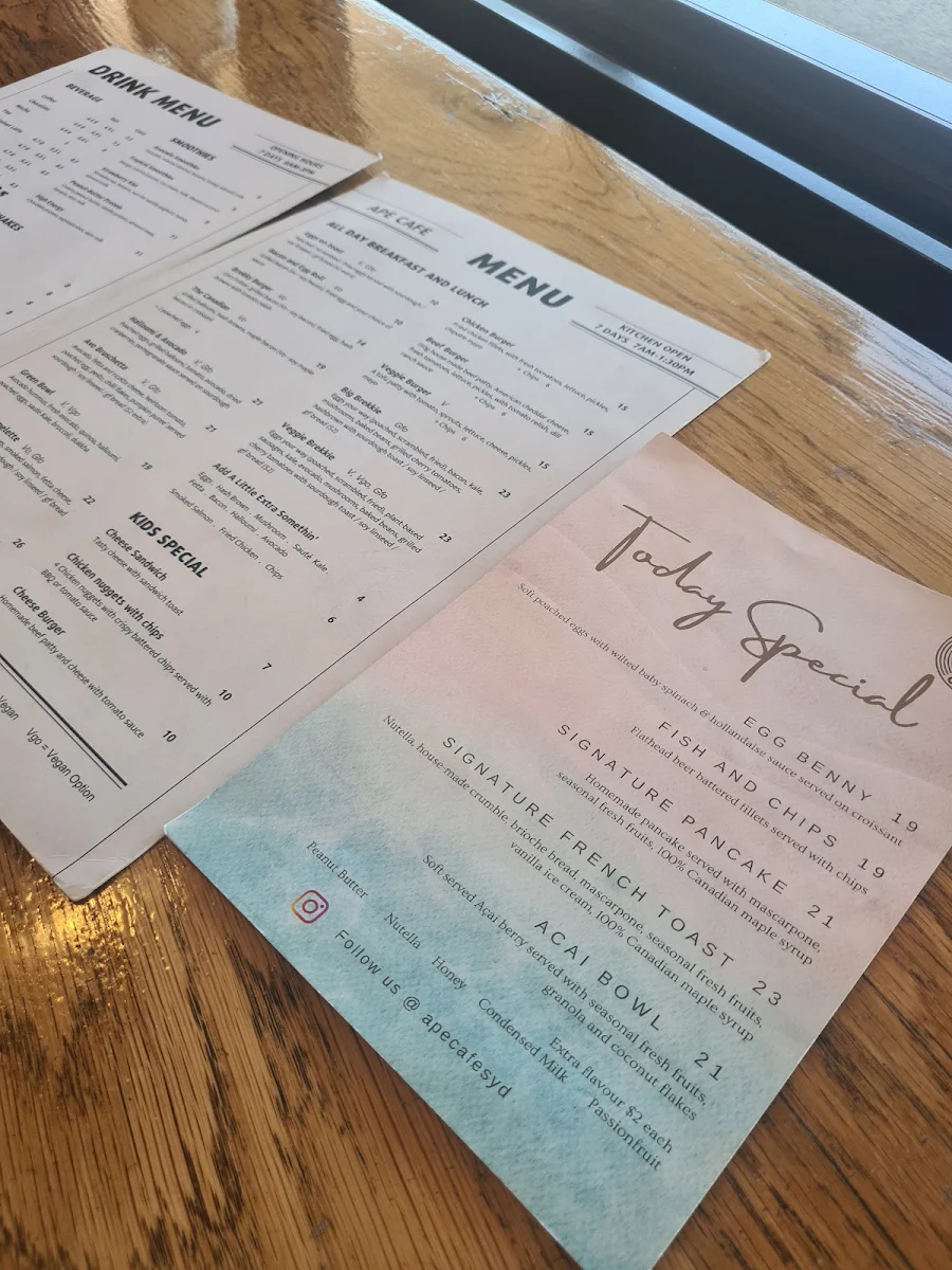 Menu, Ape Cafe