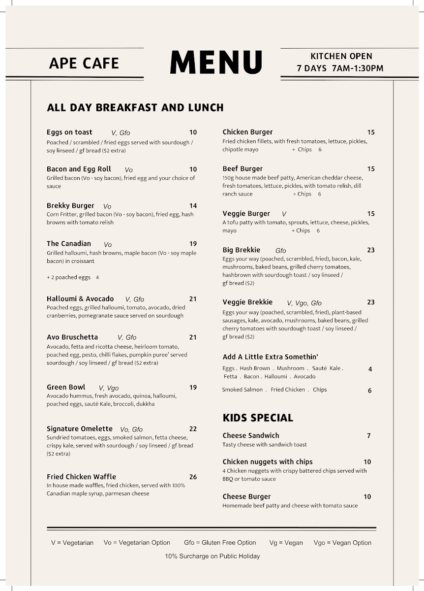 Menu, Ape Cafe
