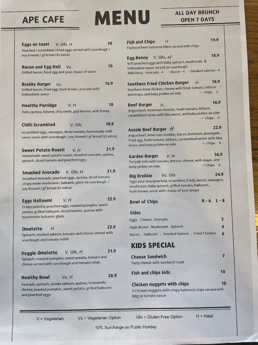 Menu, Ape Cafe