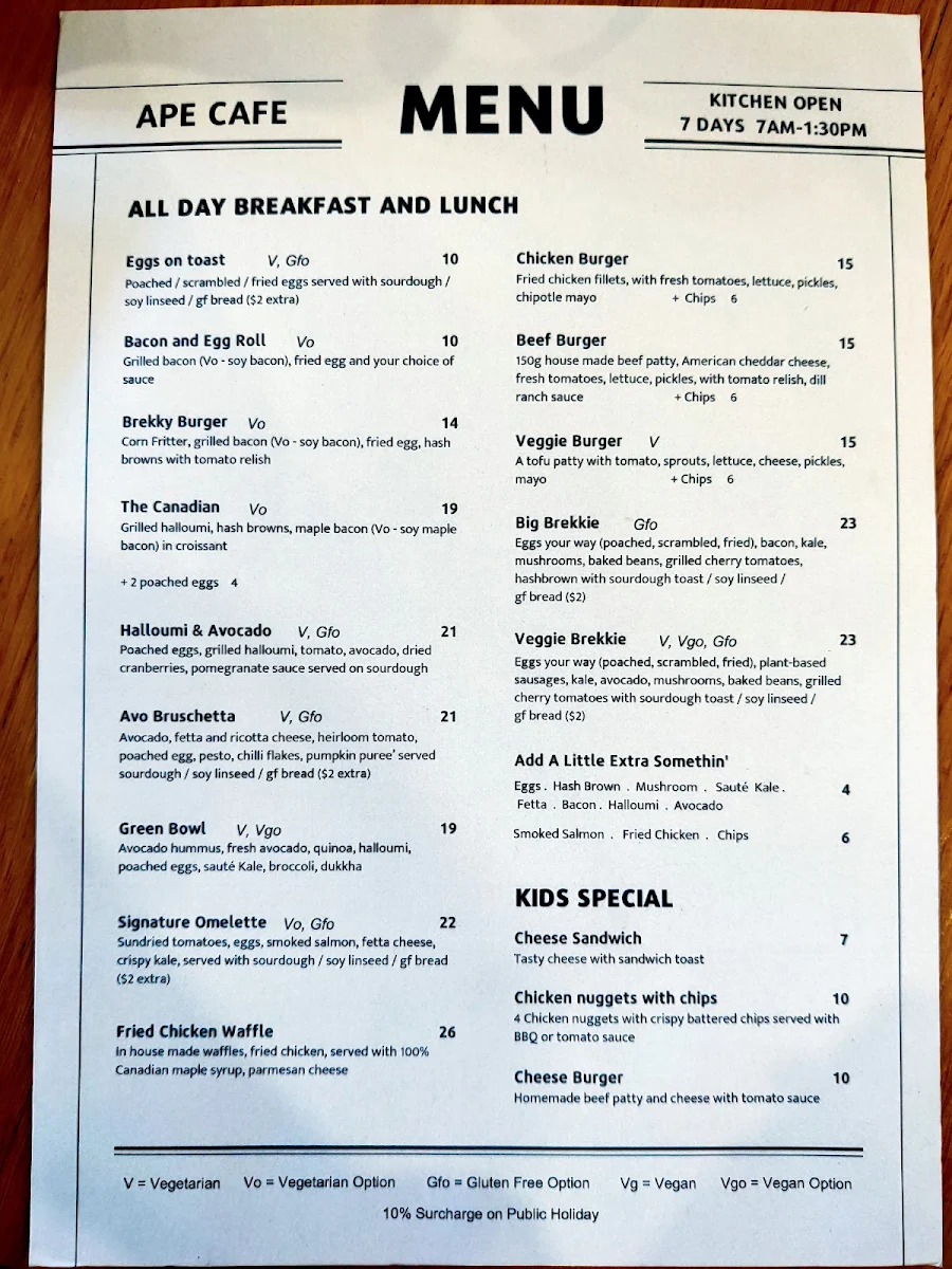 Menu, Ape Cafe