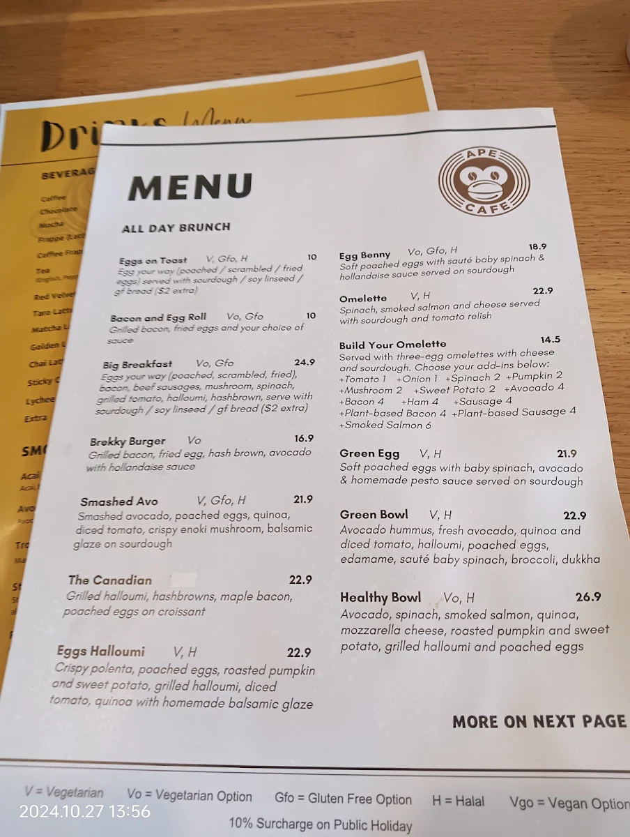 Menu, Ape Cafe