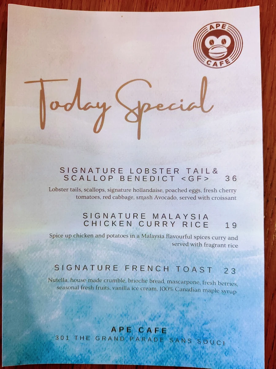 Menu, Ape Cafe