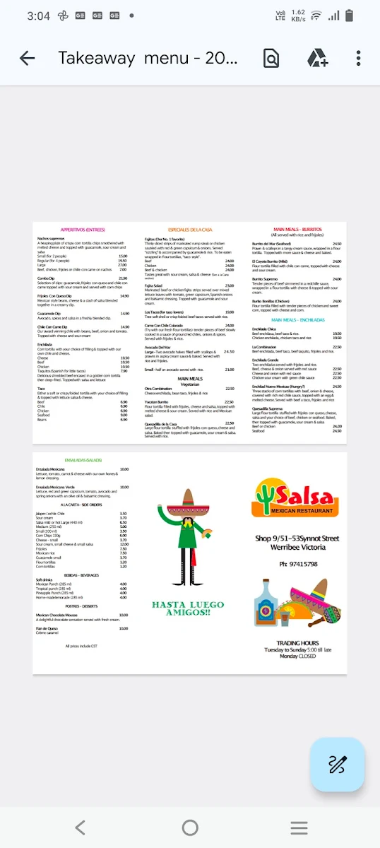 Menu, Salsa Mexican Restaurant
