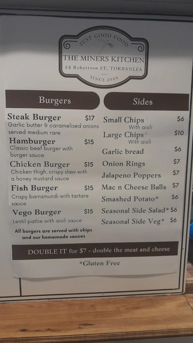 Menu, Miners Arms Hotel