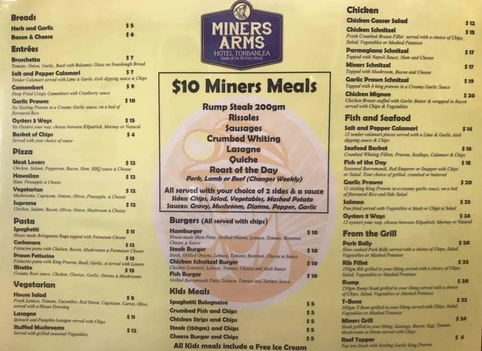 Menu, Miners Arms Hotel