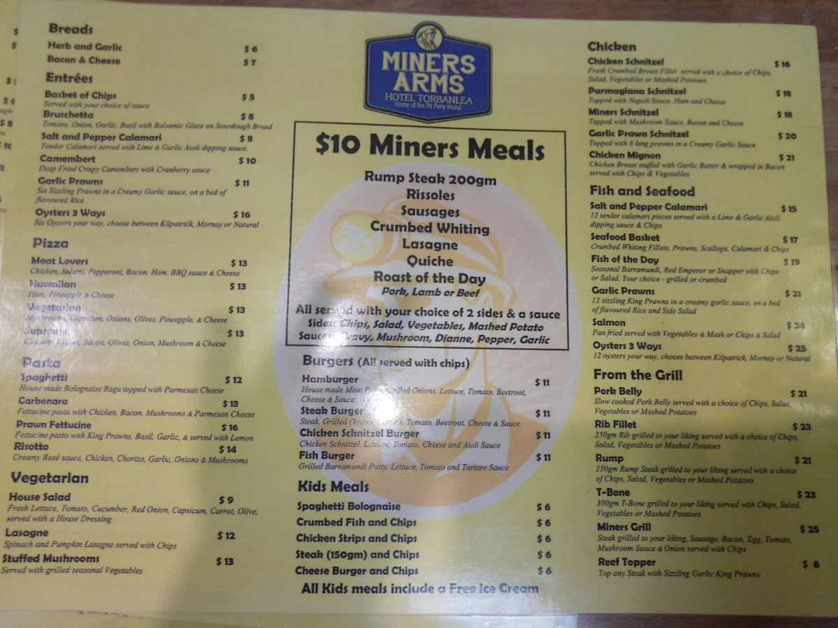 Menu, Miners Arms Hotel