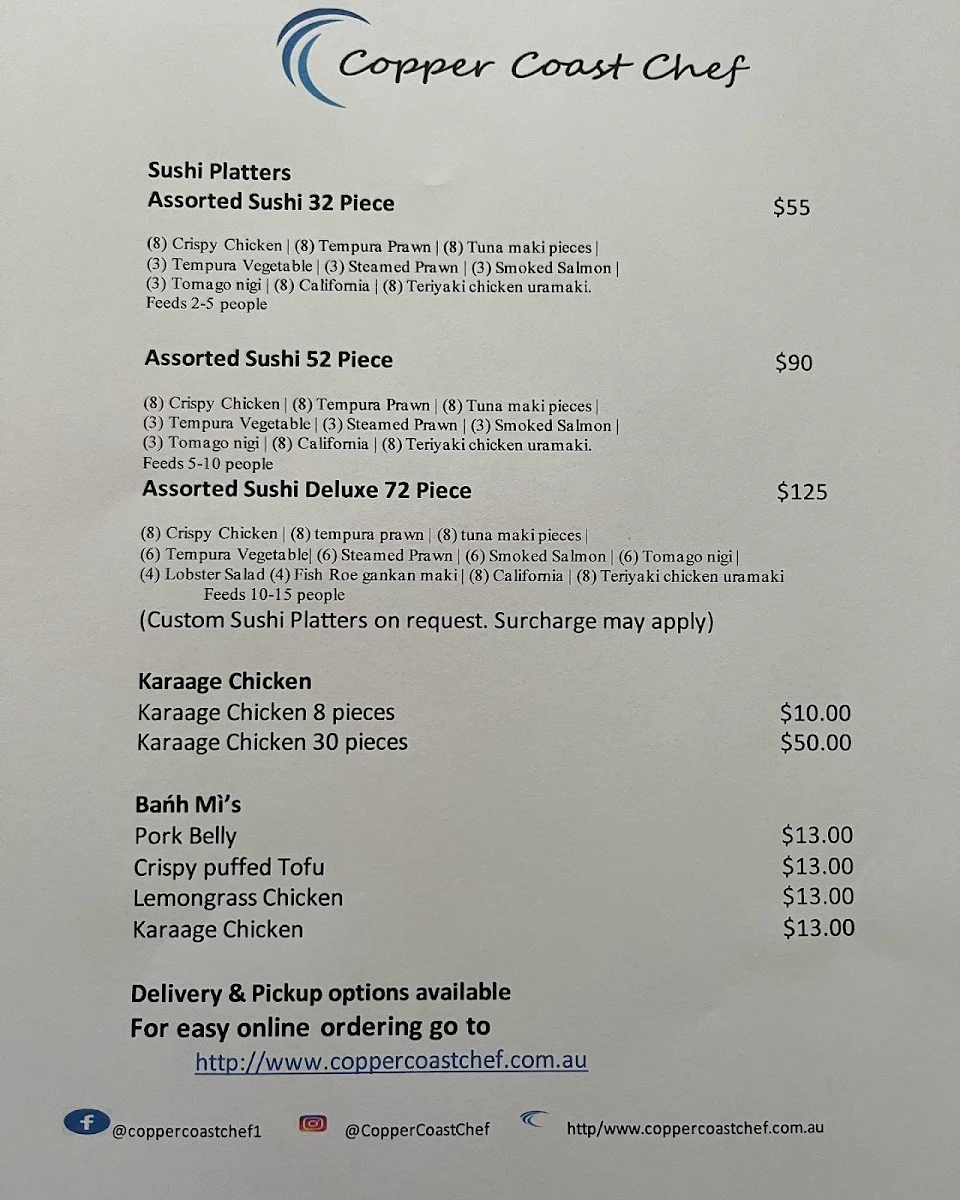 Menu, Copper Coast Chef