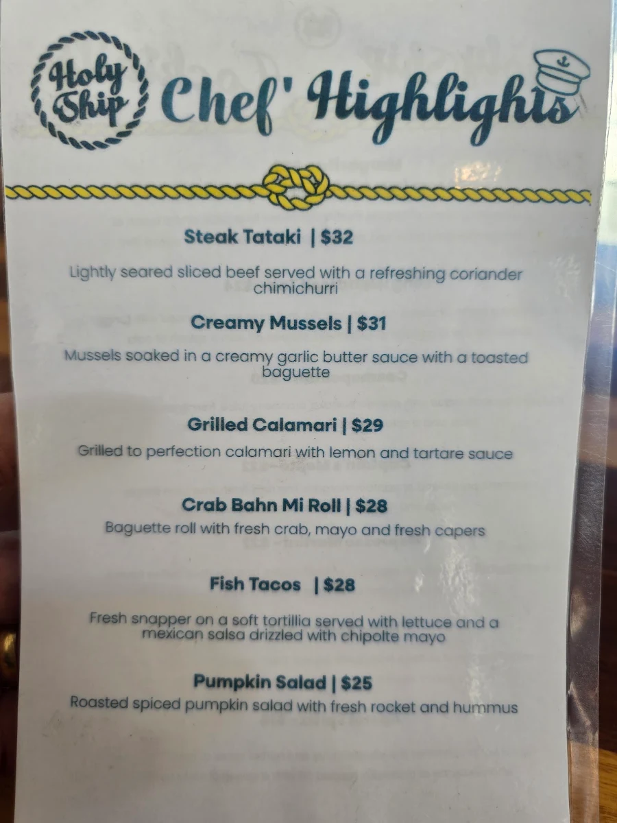 Menu, Holy Ship Restaurant & Bar