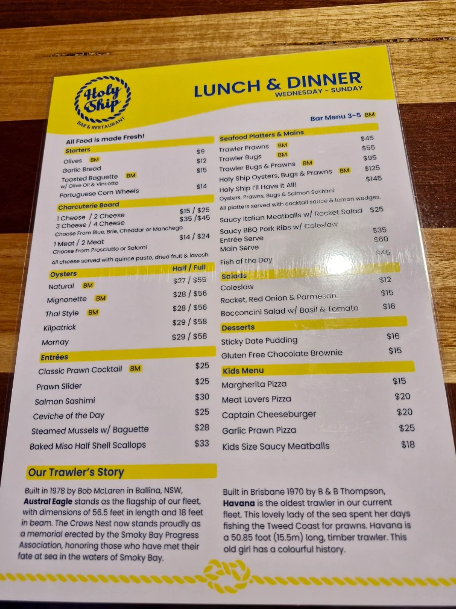 Menu, Holy Ship Restaurant & Bar
