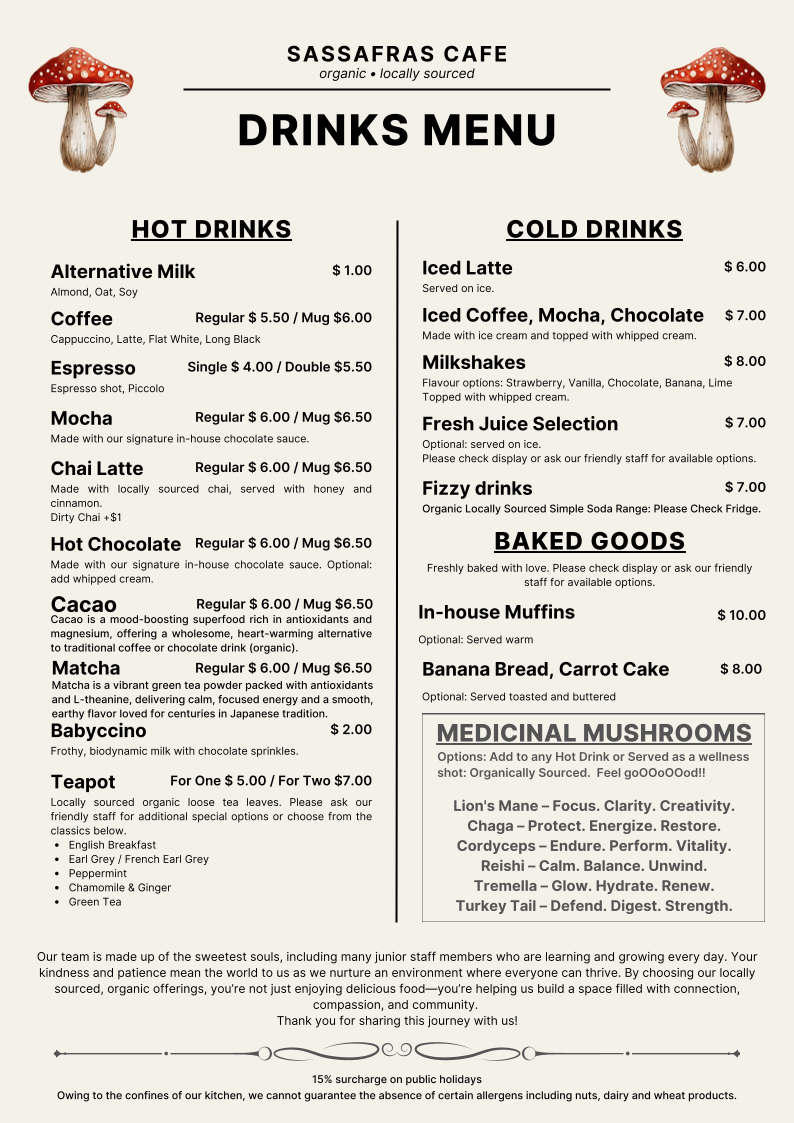 Menu, Sassafras Cafe & Back to Earth Juice Bar