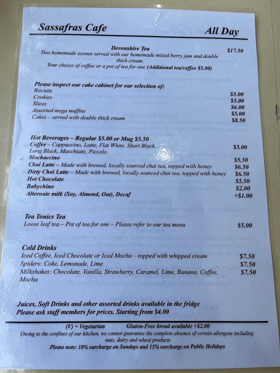 Menu, Sassafras Cafe & Back to Earth Juice Bar