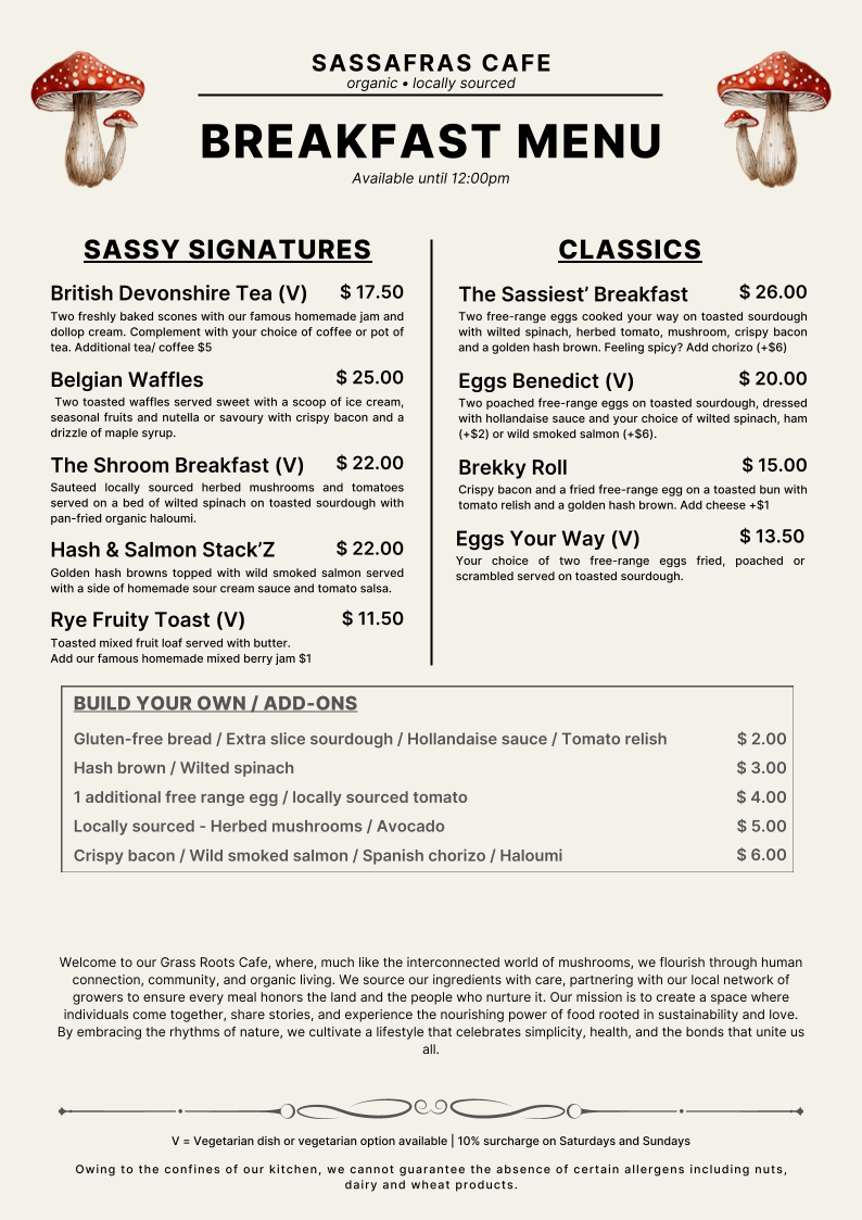 Menu, Sassafras Cafe & Back to Earth Juice Bar