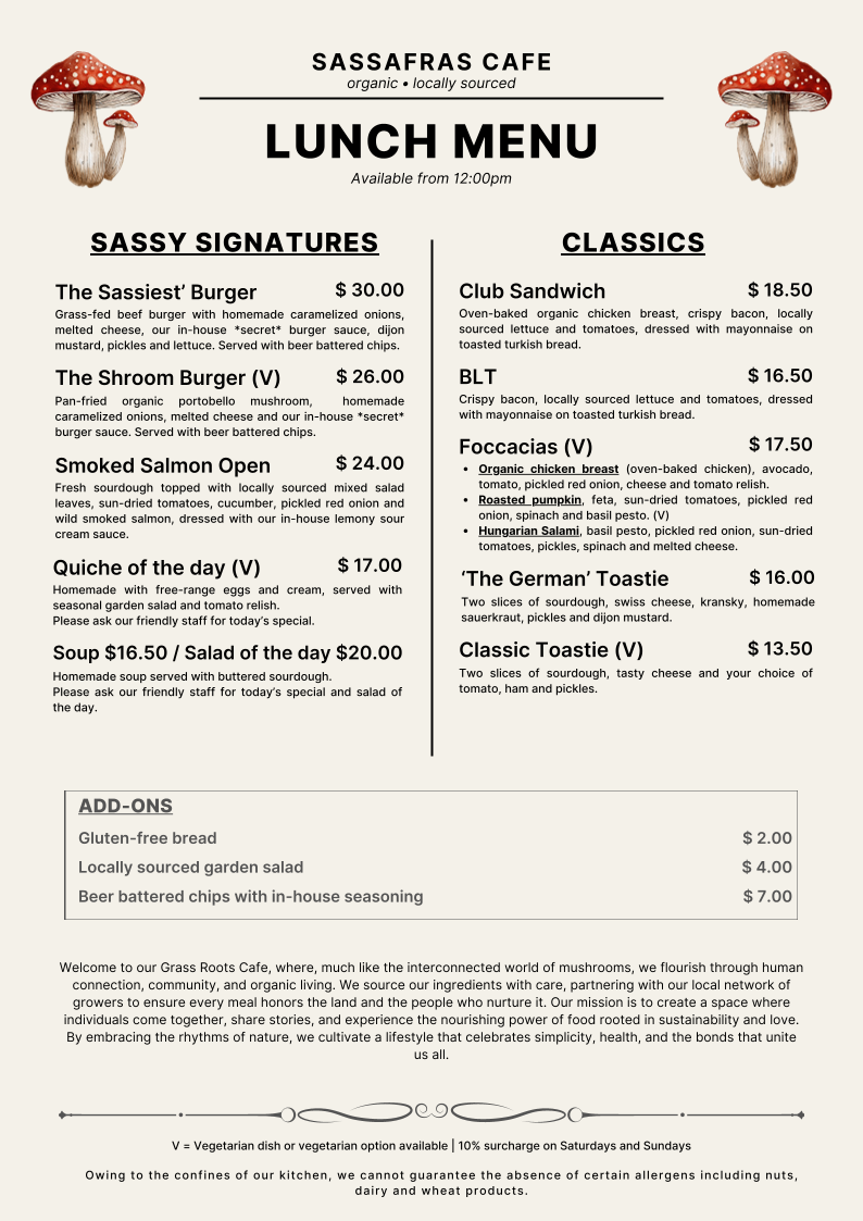 Menu, Sassafras Cafe & Back to Earth Juice Bar