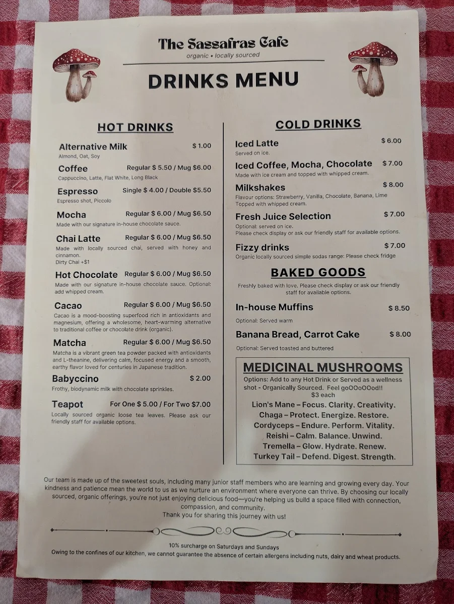 Menu, Sassafras Cafe & Back to Earth Juice Bar