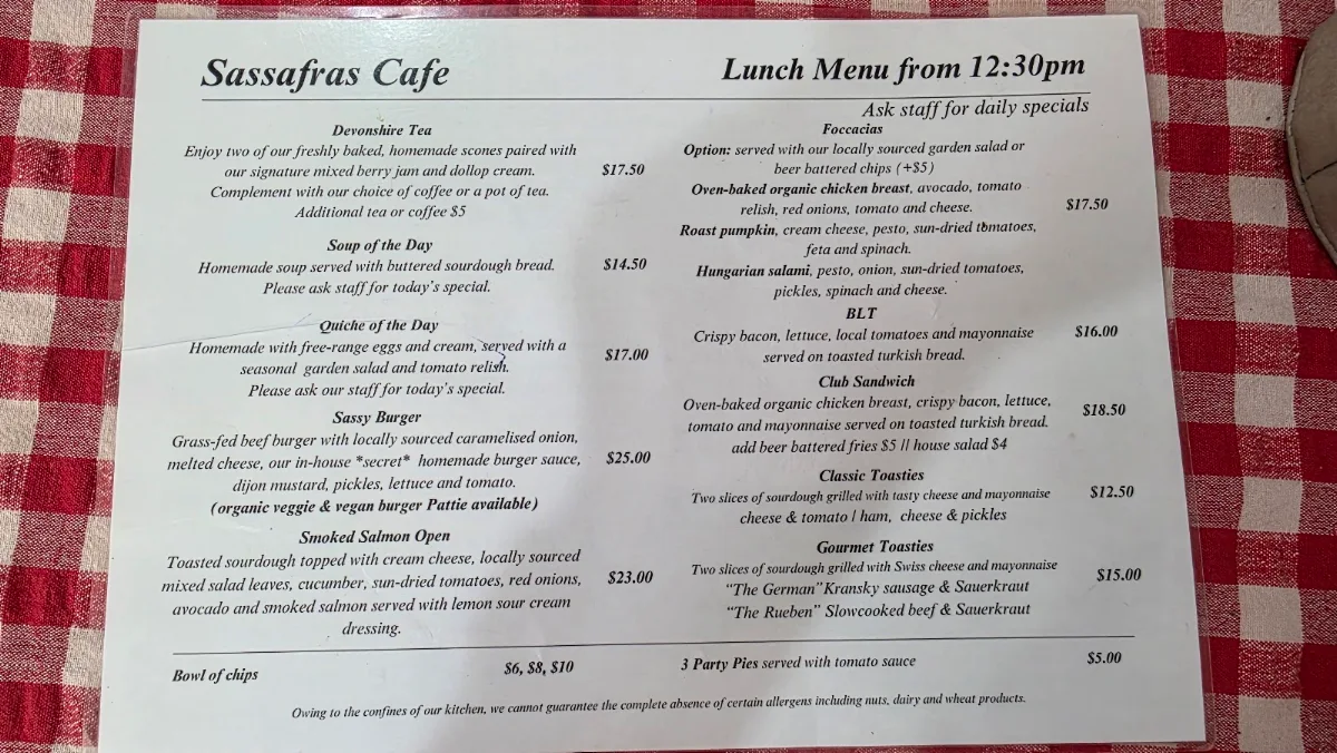 Menu, Sassafras Cafe & Back to Earth Juice Bar