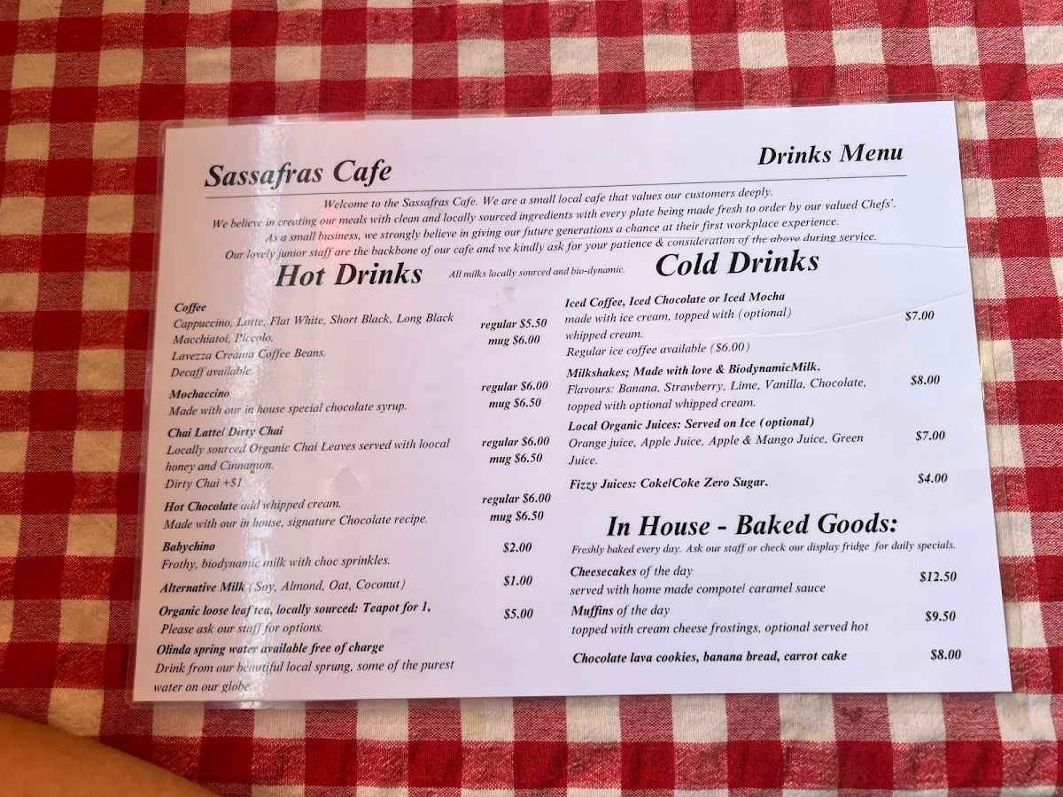 Menu, Sassafras Cafe & Back to Earth Juice Bar