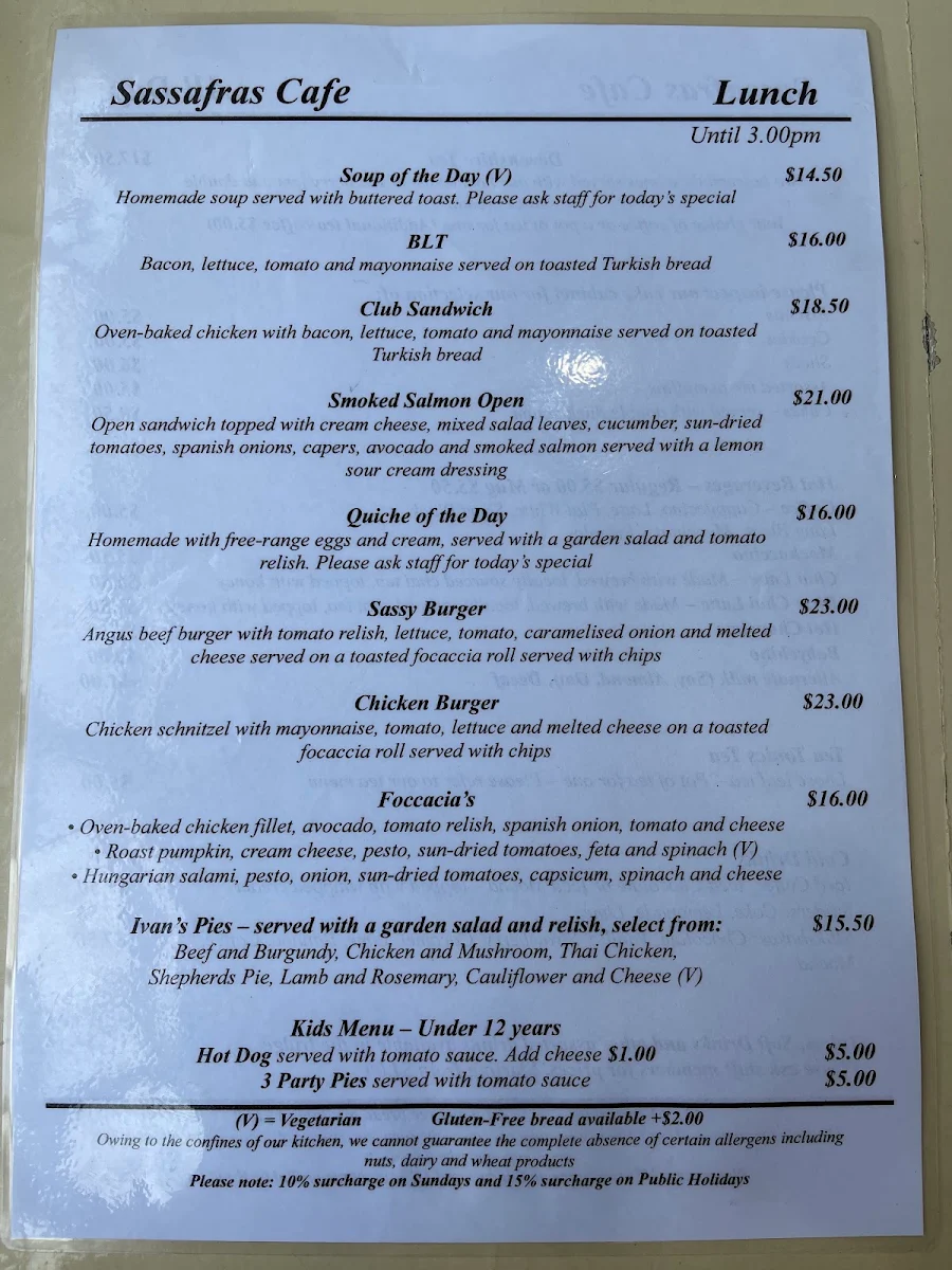 Menu, Sassafras Cafe & Back to Earth Juice Bar