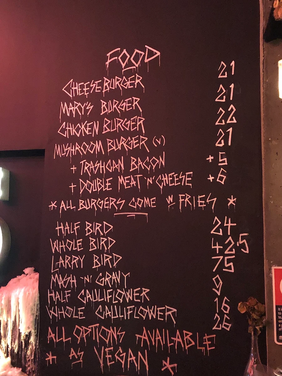 Menu, Mary's Circular Quay