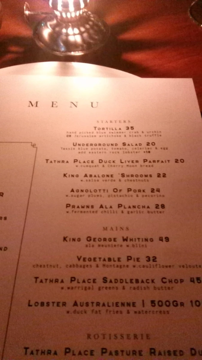 Menu, Mary's Circular Quay
