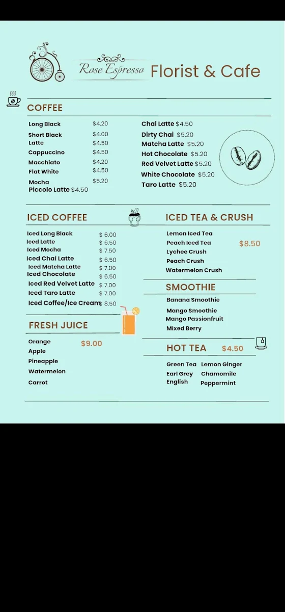 Menu, Rose Espresso Florist