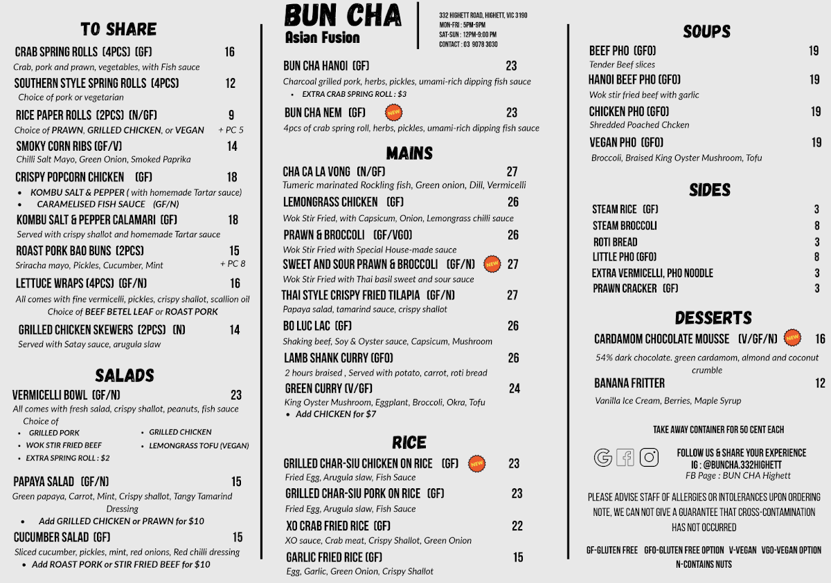 Menu, BUN CHA HIGHETT
