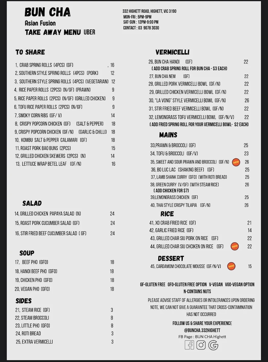 Menu, BUN CHA HIGHETT