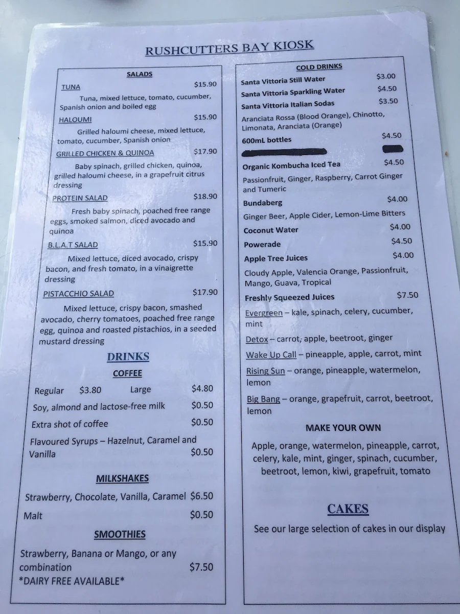 Menu, Rushcutters Bay Kiosk
