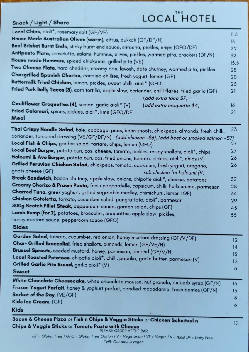 Menu, The Local Hotel