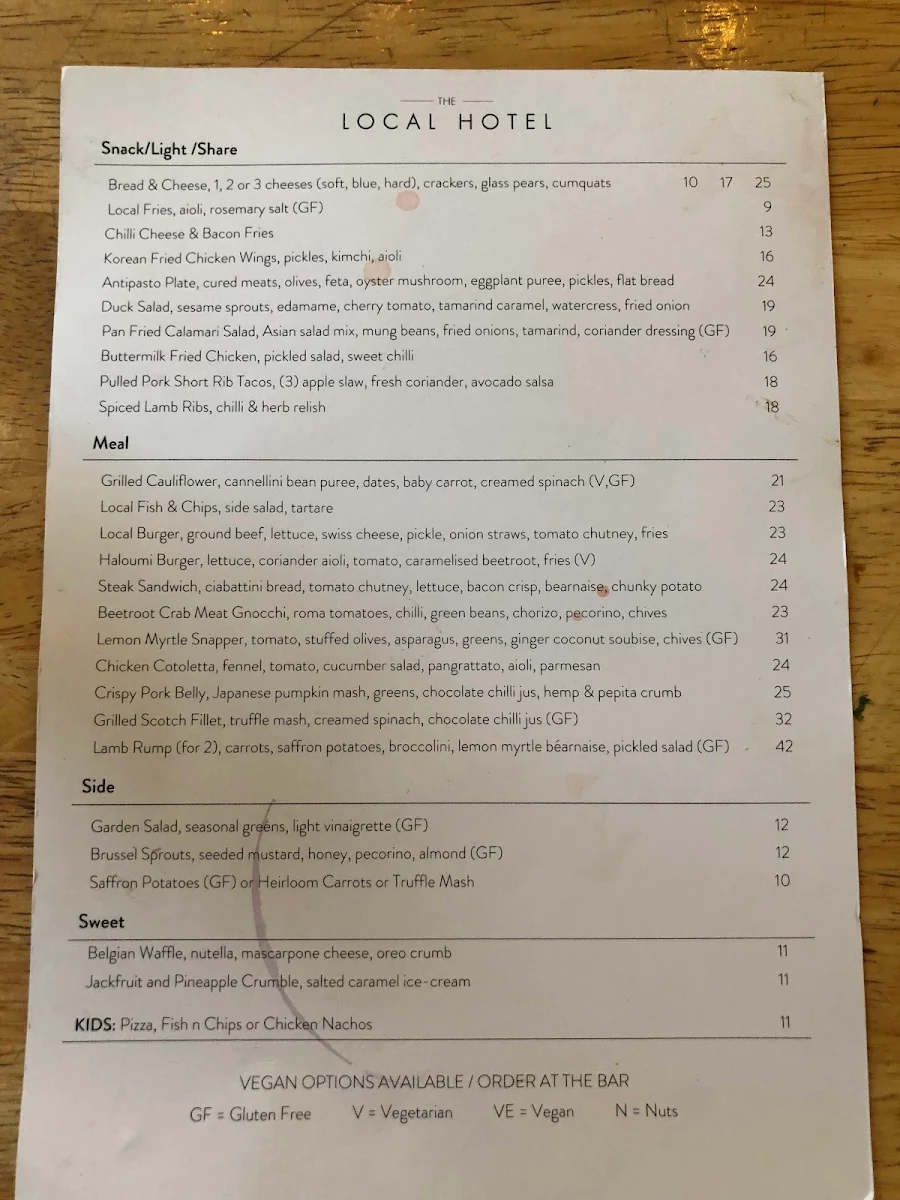 Menu, The Local Hotel