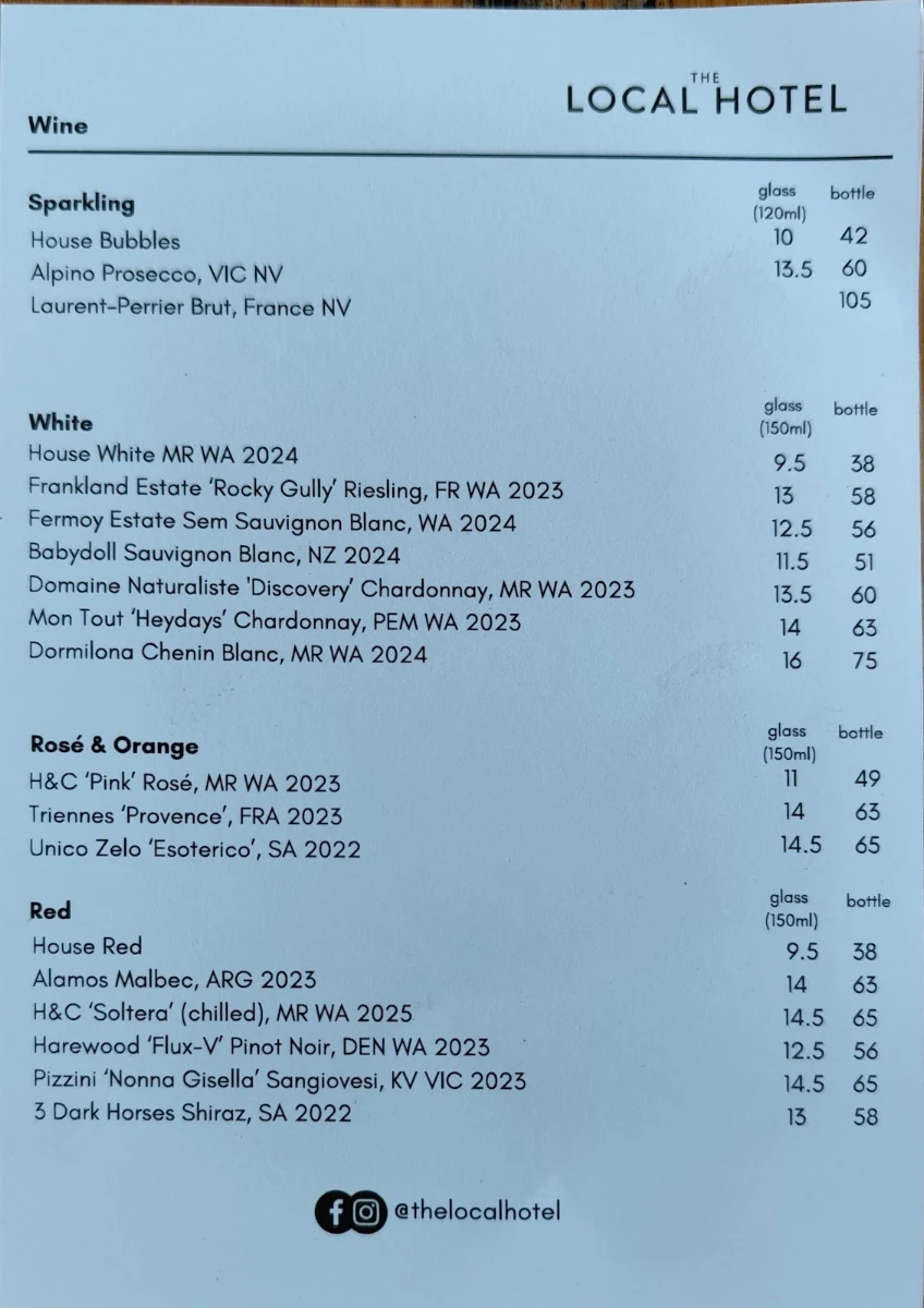 Menu, The Local Hotel