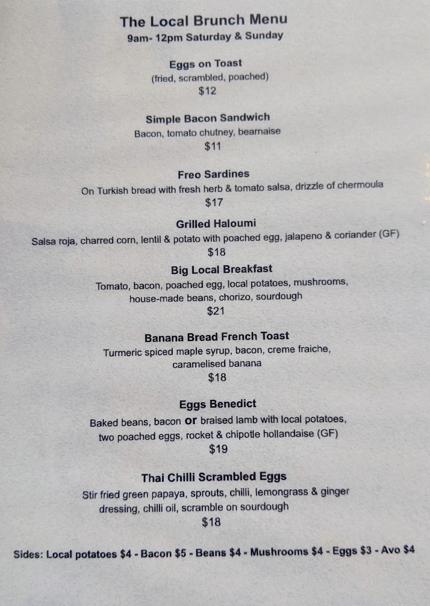 Menu, The Local Hotel