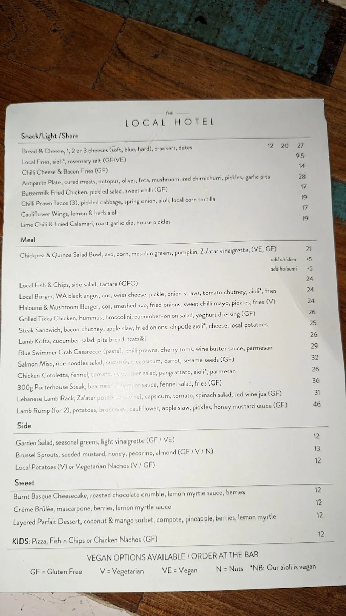 Menu, The Local Hotel