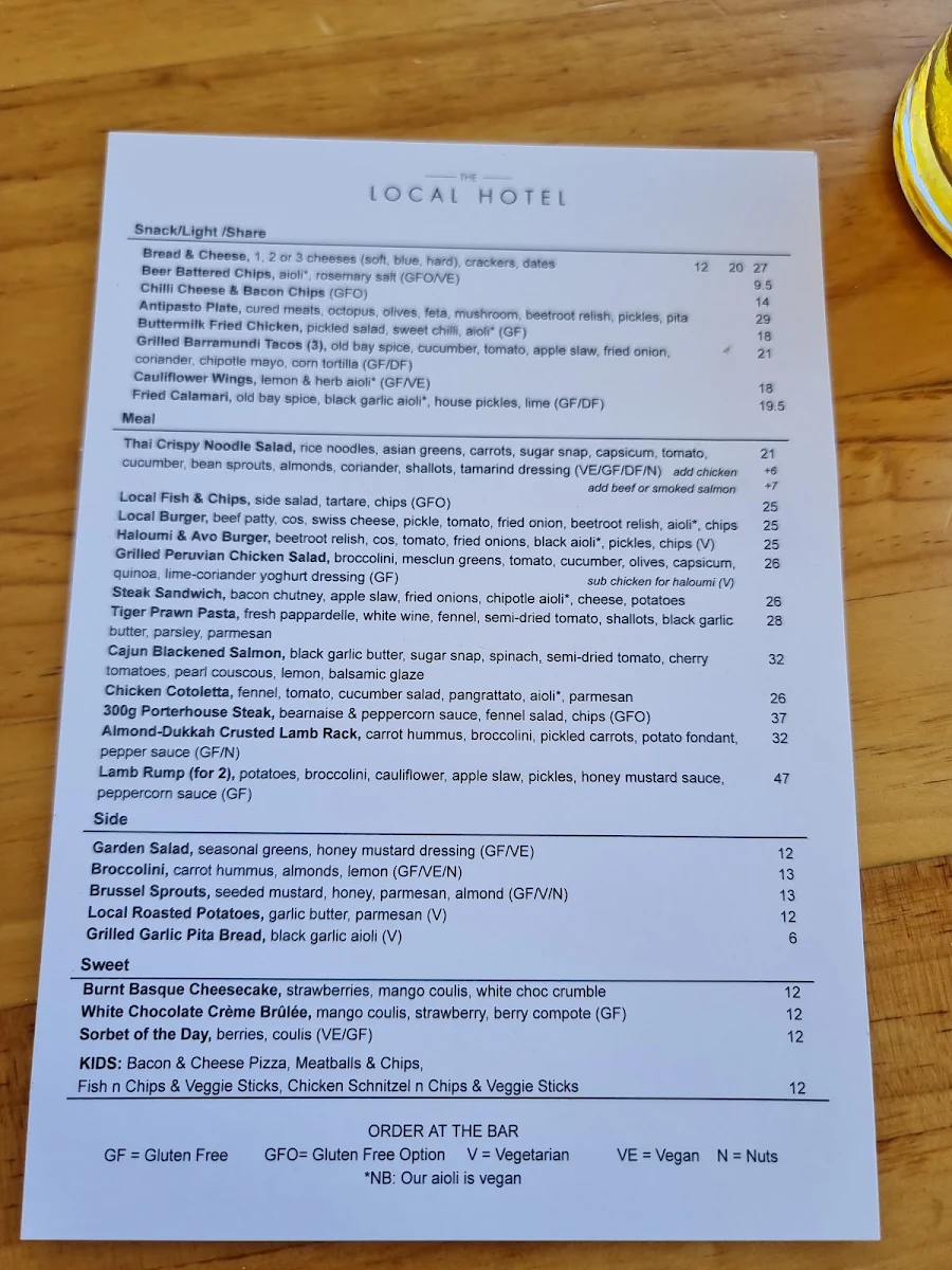 Menu, The Local Hotel