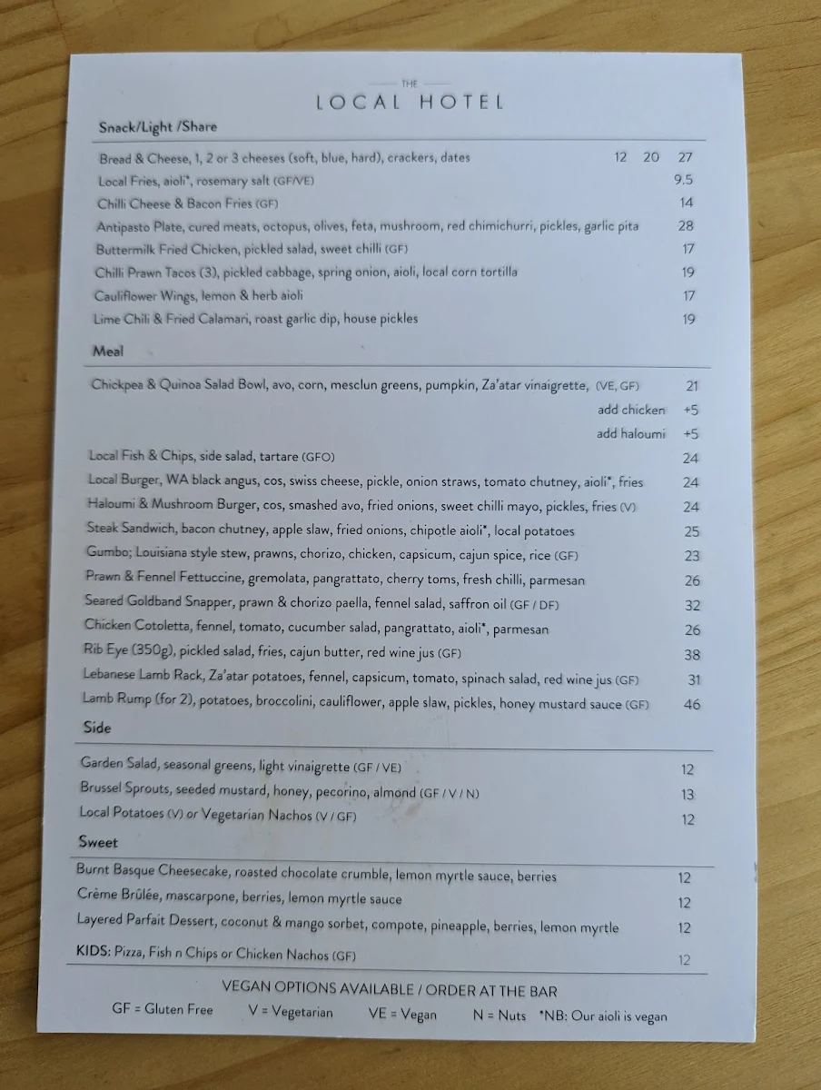 Menu, The Local Hotel