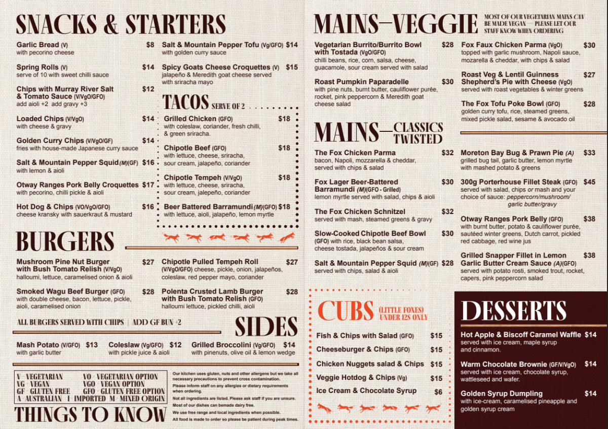 Menu, The Fox Hotel | Pub Collingwood