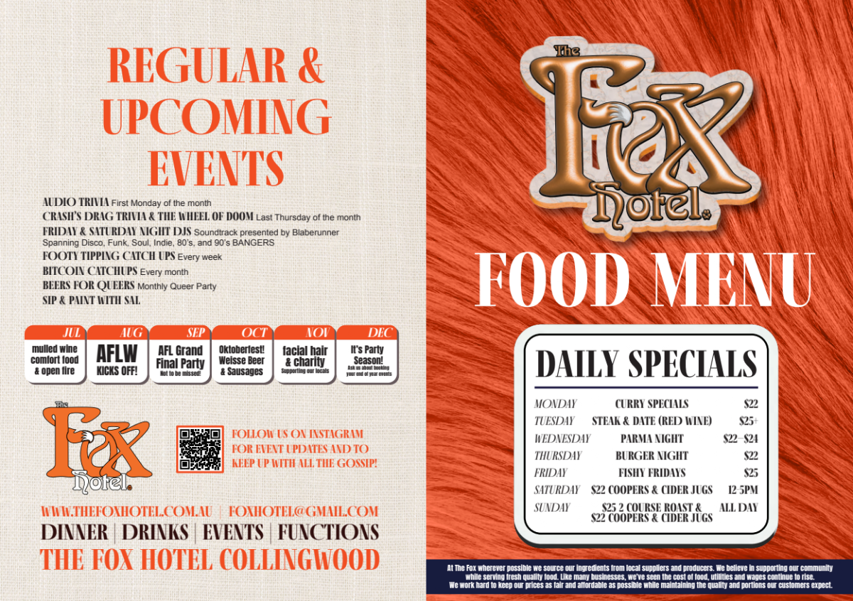 Menu, The Fox Hotel | Pub Collingwood