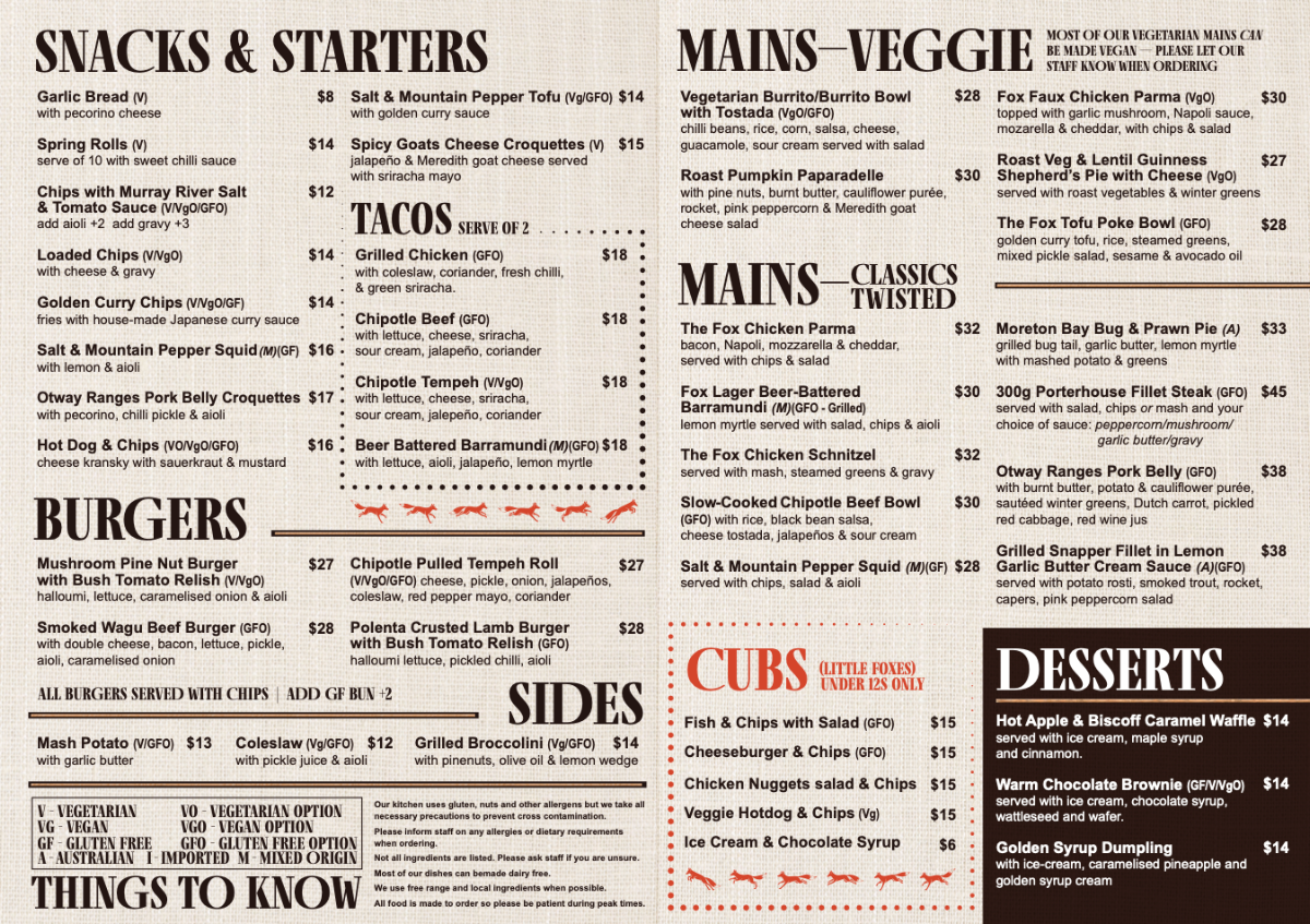 Menu, The Fox Hotel | Pub Collingwood