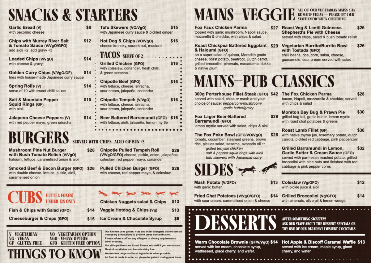 Menu, The Fox Hotel | Pub Collingwood