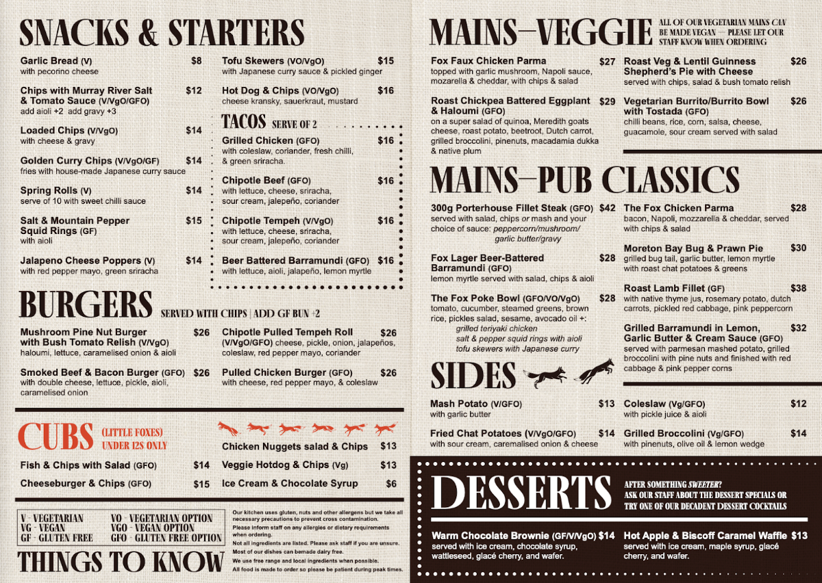 Menu, The Fox Hotel | Pub Collingwood