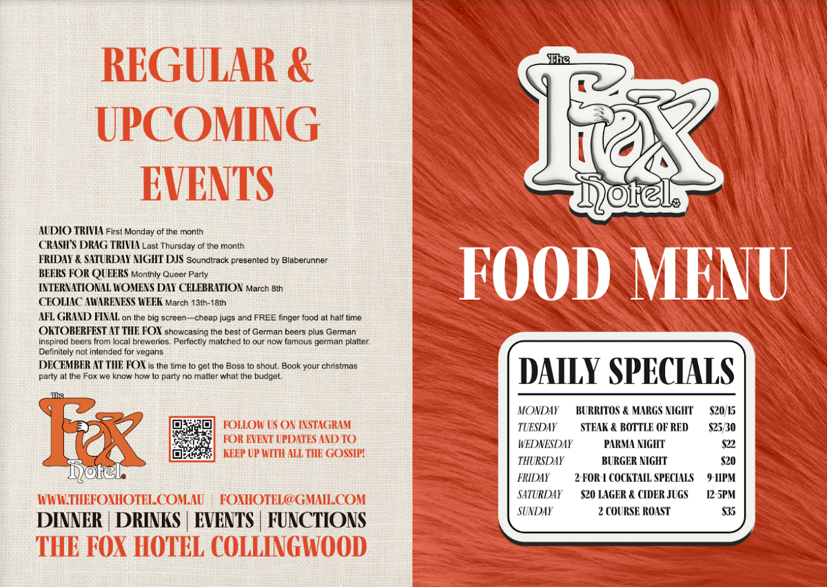 Menu, The Fox Hotel | Pub Collingwood