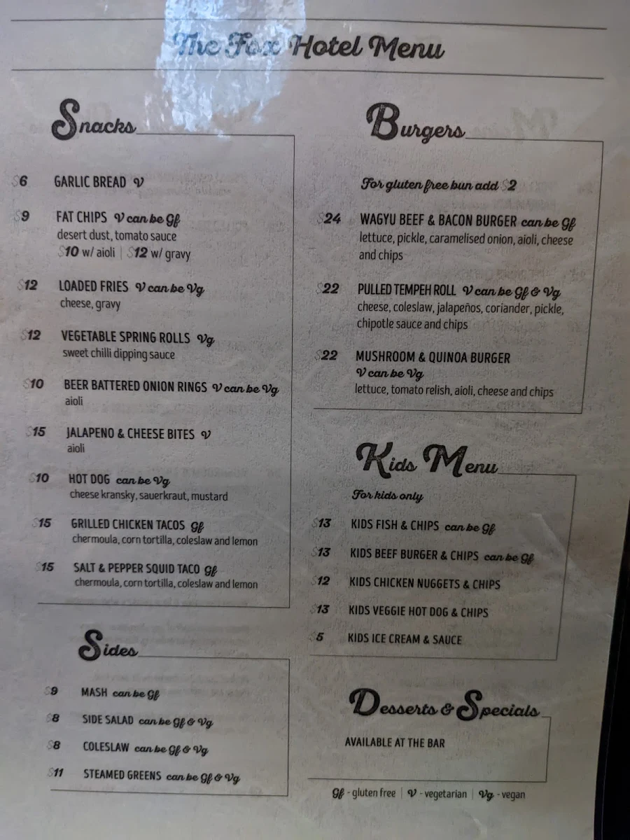 Menu, The Fox Hotel | Pub Collingwood