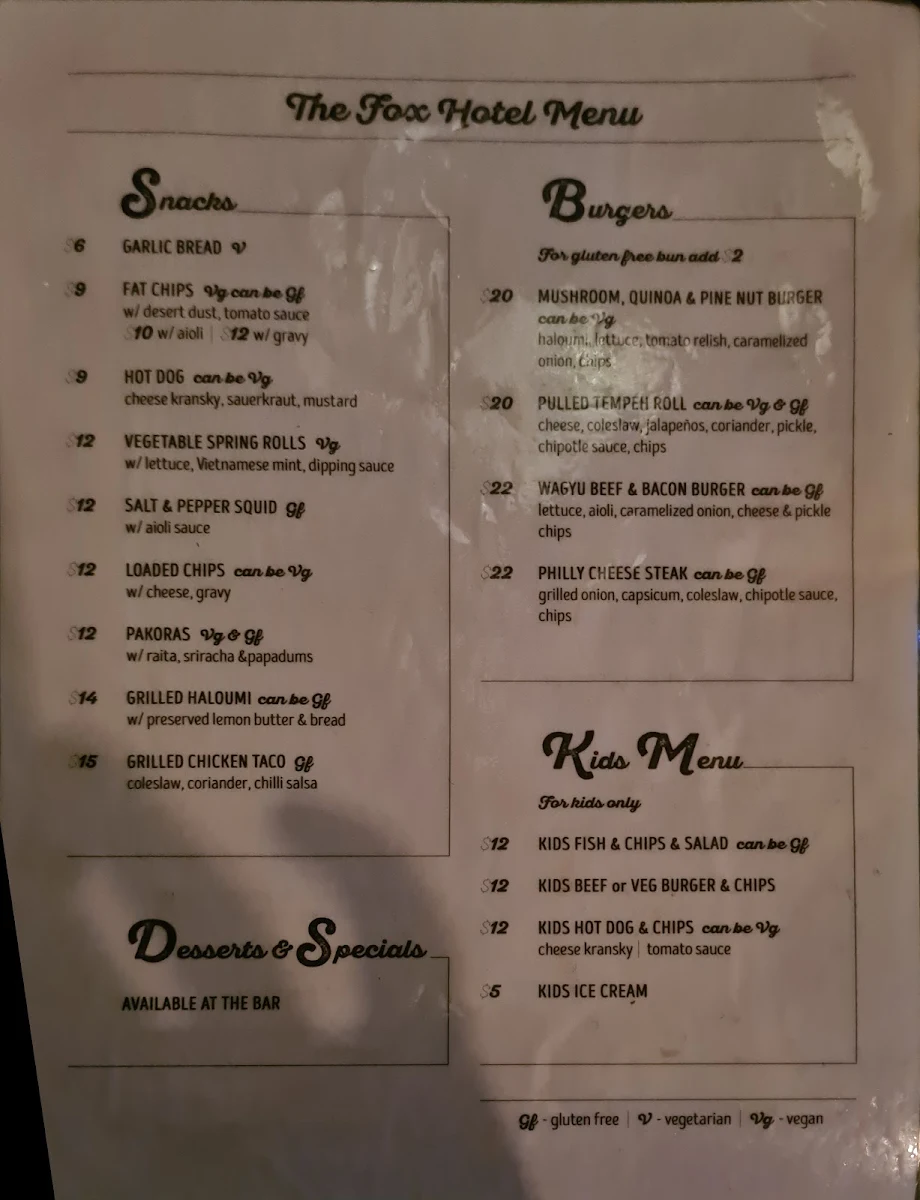 Menu, The Fox Hotel | Pub Collingwood