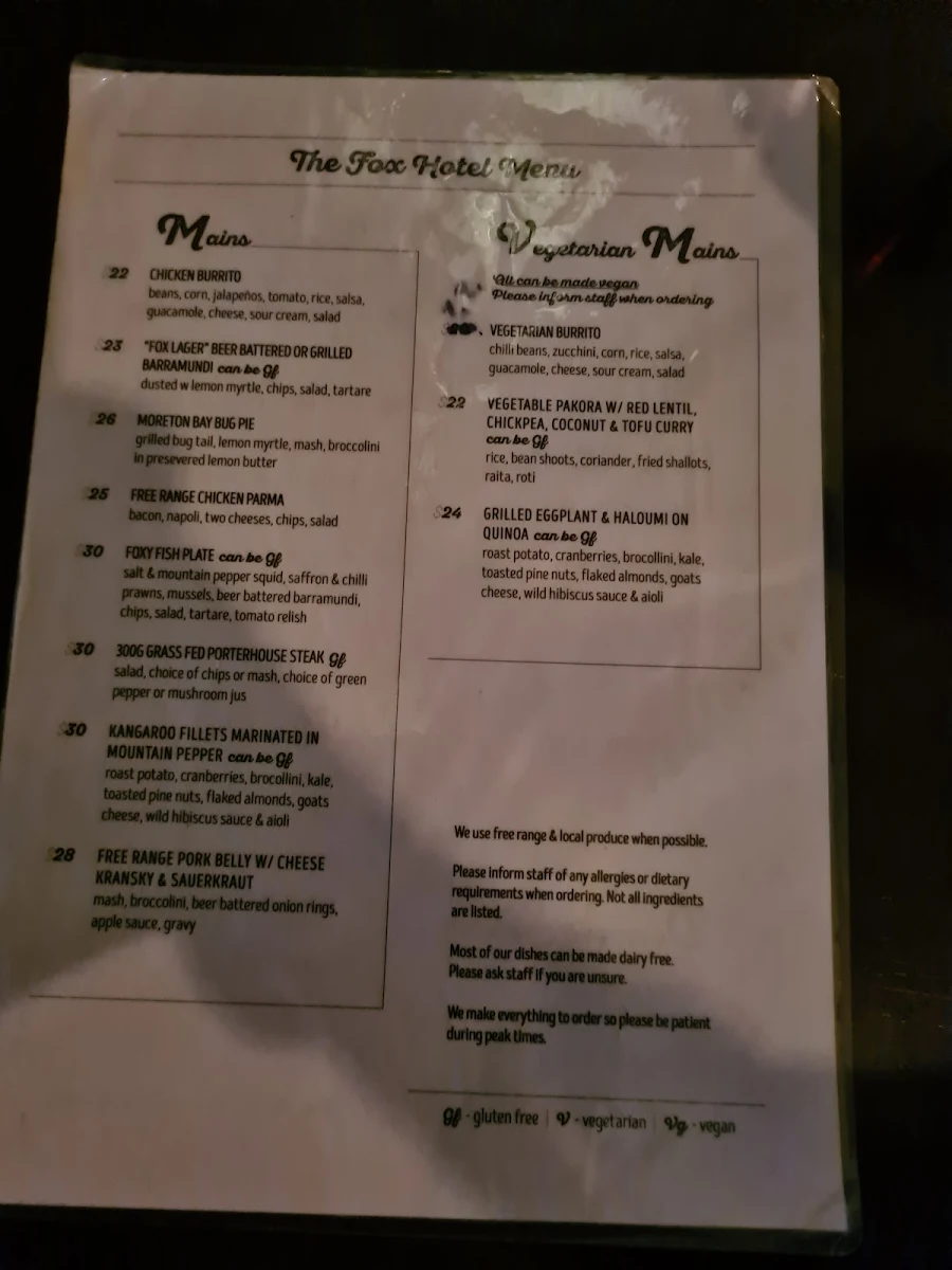 Menu, The Fox Hotel | Pub Collingwood
