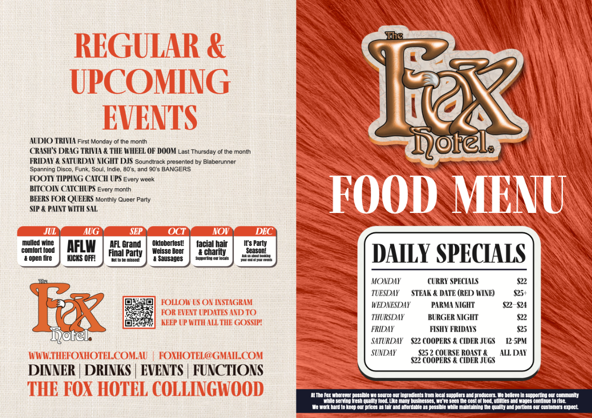 Menu, The Fox Hotel | Pub Collingwood