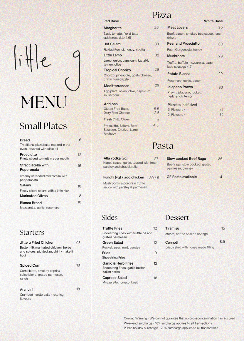 Menu, Little g Pizzeria