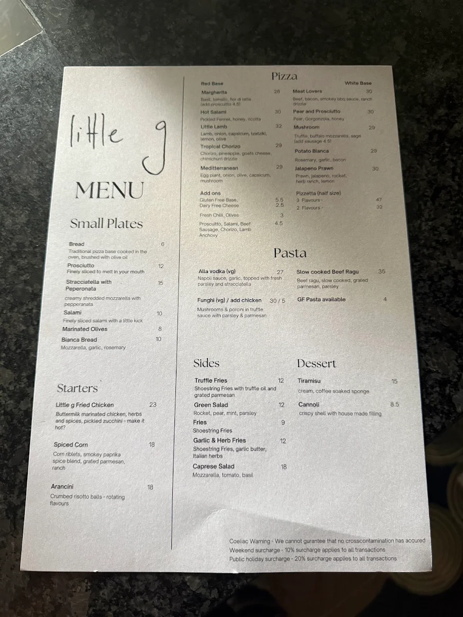 Menu, Little g Pizzeria